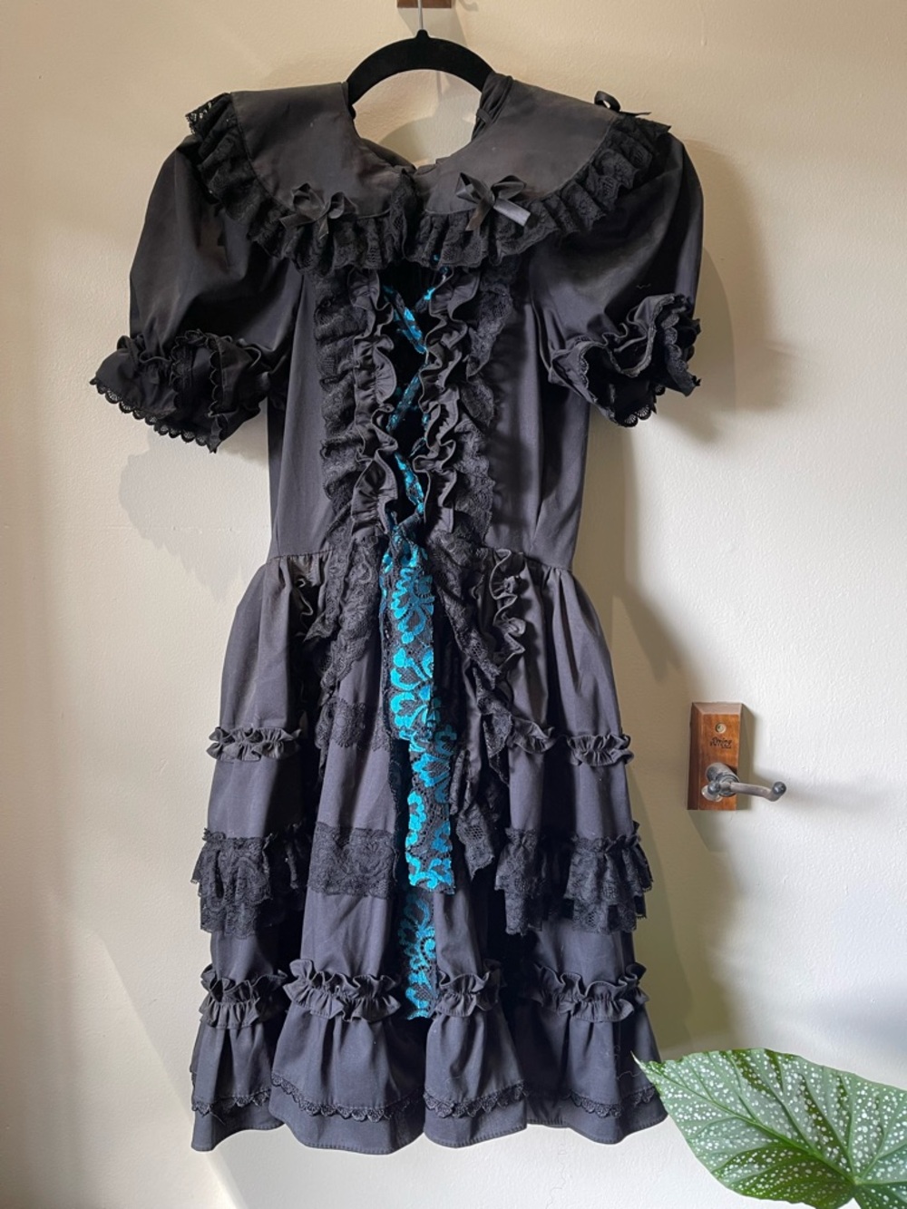 Black Ruffle Tea Goth Wednesday Dress with Custom Teal Lace Trim